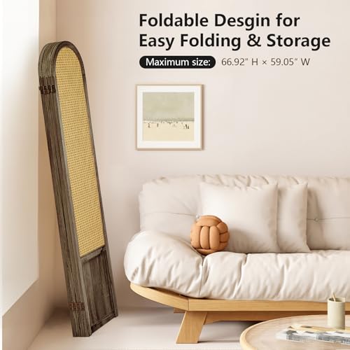Room Divider 4 Panel, Folding Privacy Screen, Foldable Wood Divider Room Dec, Rattan Room Divider, Portable Partition Screen