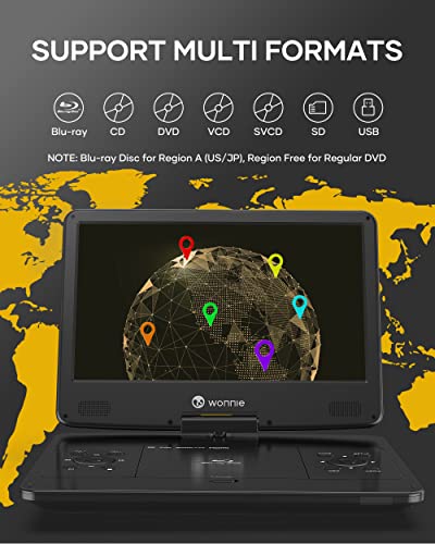 WONNIE 16.9" Portable Blu ray DVD Player with 14.1" 1080P HD Swivel Screen, 4-Hour Rechargeable Battery, Supports HDMI Output, Surround Audio