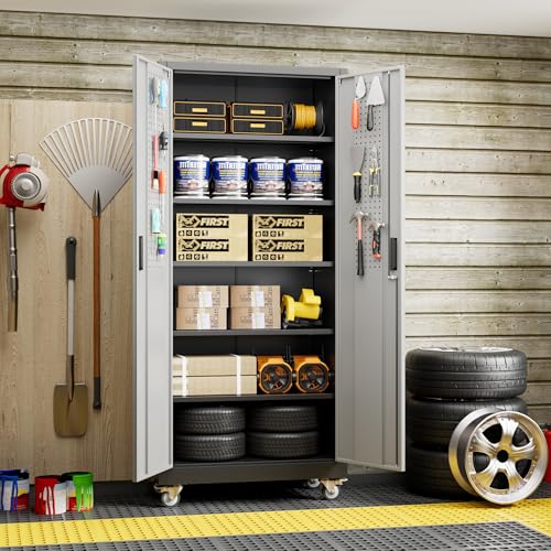 Metal Storage Cabinet with Wheels, 73" H Rolling Garage Cabinets with Locking Doors and Adjustable Shelves for Home Office, Basement, Pantry, Workshop