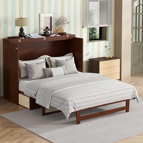 KEIKI Queen Size Cabinet Murphy Bed with Charging Station and Drawer, Multiple Storage Foldable Hideaway Wall Murphy Bed Frame with Solid Slat