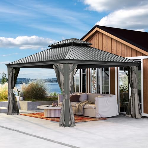 Domi 10’ x 10’ Hardtop Gazebo Metal Frame Canopy with Netting & Curtains