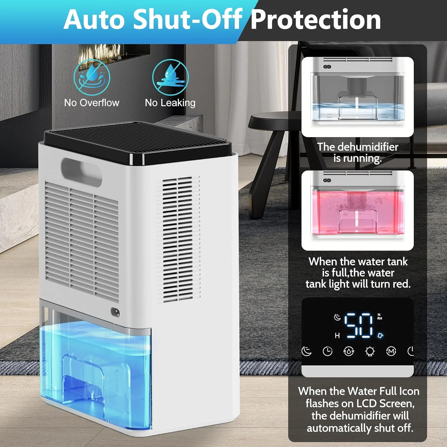 Dehumidifier for Bedroom, 68 oz 500Sq.ft Dehumidifiers with Touch Control LCD Screen Timer Auto-Off, Automatic Defrost