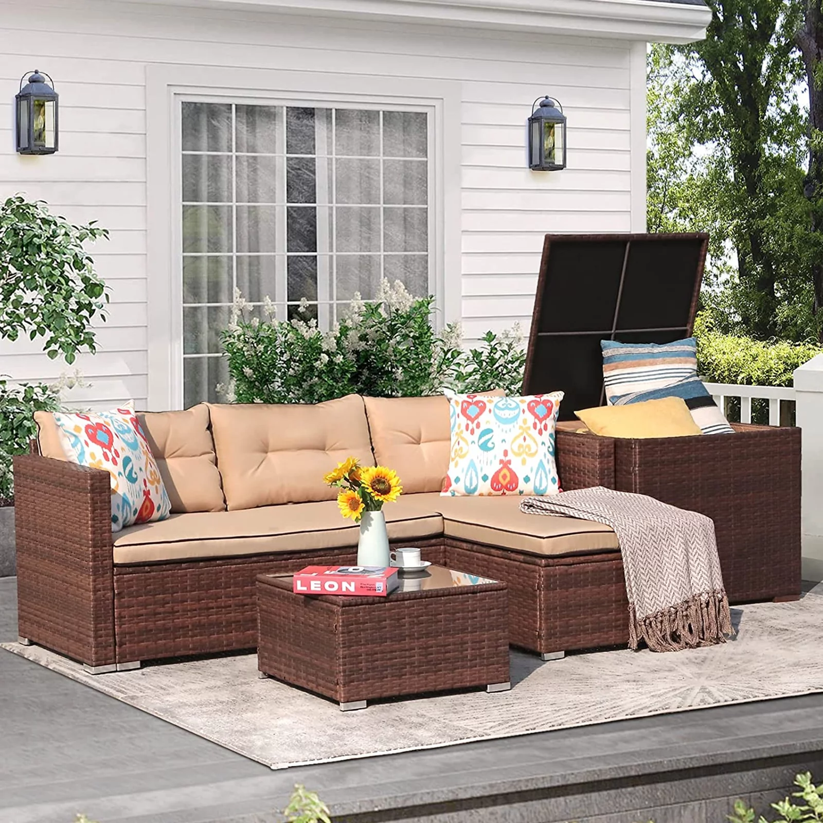 Patio Furniture Set, Outdoor Small Sectional Sofa Set with Storage Box, Patio PE Rattan Conversation Set