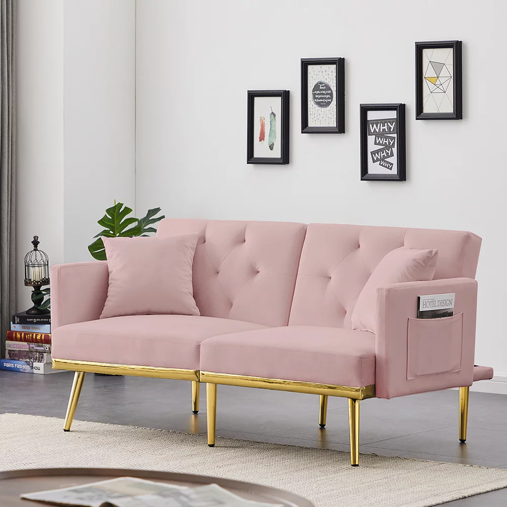 Pink Velvet Futon Couch, Folding Sleeper Sofa, Sofa Couch Bed with 2 Pillows, Modern Upholstered Loveseat Sofa with Gold Metal Legs