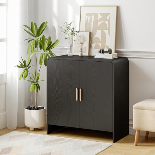 60" Sideboard Buffet Cabinet with Storage, Curved Design Farmhouse Coffee Bar Cabinet with 4 Doors & Adjustable Shelves for Living Room, Kitchen