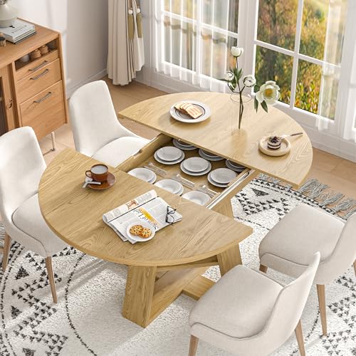 43.3in-59in Extendable Round Dining Table for 4-8,Modern Kitchen Oval Dining Table with Removable Leaves Space Saving