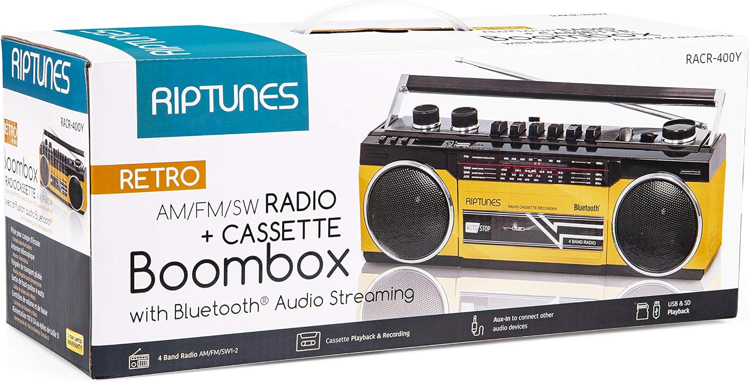 Riptunes Cassette Boombox, Retro Blueooth Boombox, Cassette Player and Recorder, AM/FM/ SW-1-SW2 Radio-4-Band Radio, USB, and SD, Yellow