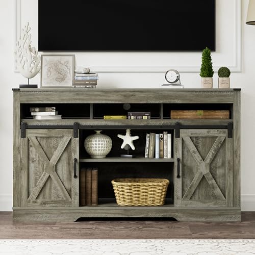 Farmhouse TV Stand for 65+ Inch TV, 34'' Tall Entertainment Center with Sliding Barn Doors