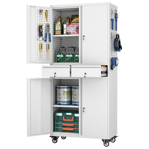 Aobabo 71" H×32" W×16" D Metal Storage Cabinet with Wheels, Garage Steel Storage Cabinet with 5 Adjustable Shelves and 4 Hooks for Home Office