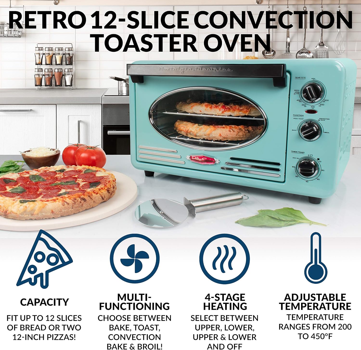 Nostalgia RTOV2AQ Large-Capacity 0.7-Cu. Ft. Capacity Multi-Functioning Retro Convection Toaster Oven, Fits 12 Slices of Bread and 2-12-Inch Pizzas