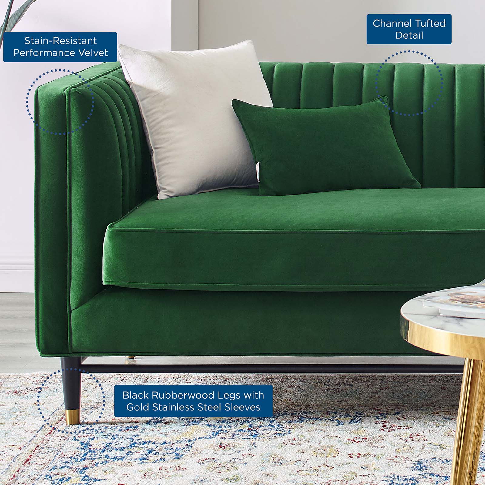 Modway Devote Channel Tufted Performance Velvet Sofa in Emerald