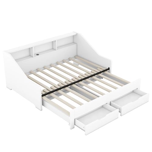Merax Twin to King Daybed with Storage Bookcases and Two Drawers, Wood Bed Frame with Trundle and USB Charging Design for Bedroom, Guest Room