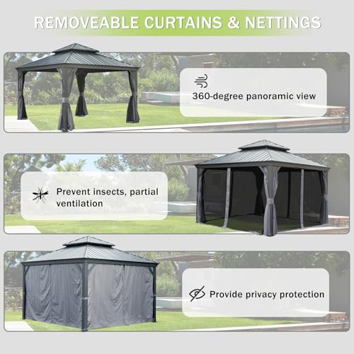 Domi 10’ x 10’ Hardtop Gazebo Metal Frame Canopy with Netting & Curtains