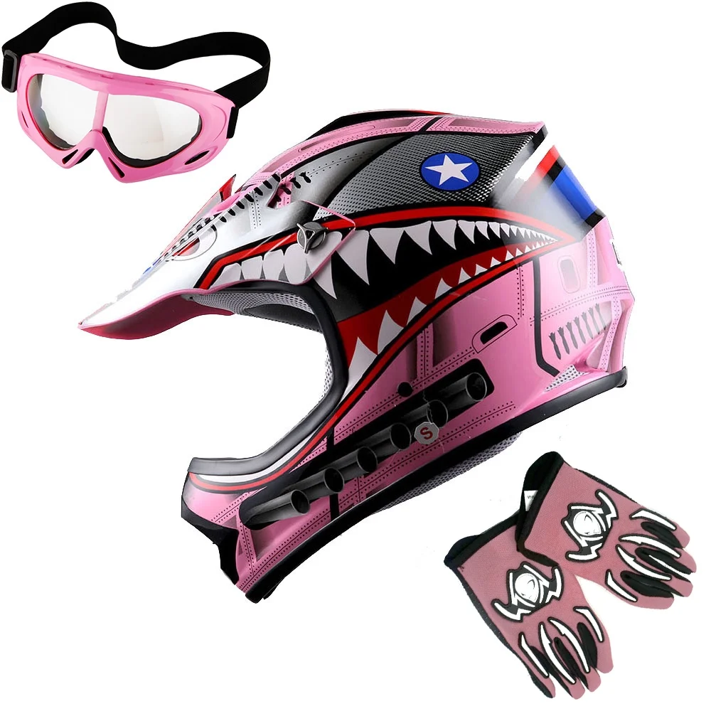 1Storm Youth Motocross Helmet Kids Motorcycle Bike Helmet HBOY Shark Pink + Goggles + MG Youth Pink Glove Bundle