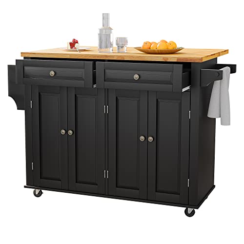 Kitchen Cart with Wood Top and Drop Leaf Breakfast Bar, Rolling Mobile Kitchen Island Table on Wheels with Drawer and Storage Cabinet, Spice Rack