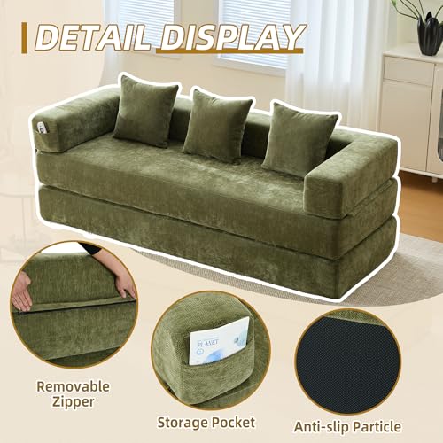 Convertible Sleeper Sofa Bed with Cylindrical Pillow, Corduroy Folding Mattress Couch with Fixed-Shape Frame
