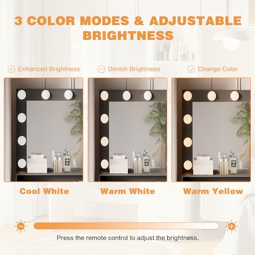YESHOMY Vanity Desk with Mirror, Power Outlet and 10 Lights, Makeup Table with 4 Drawers, 3 Color Modes Available for Bedroom, White