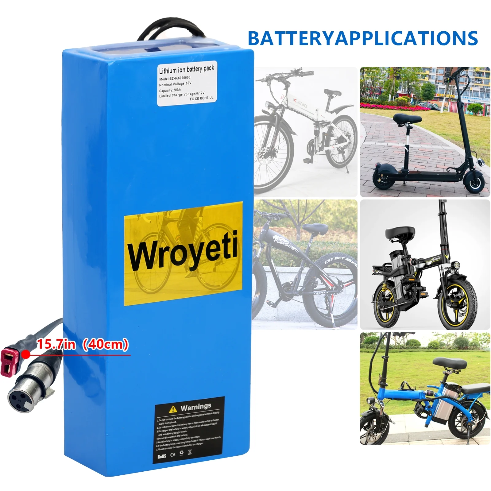 Electric Battery 60V 20Ah Electric Bike Lithium Ion Battery 60V Battery with 3A Charger, T-Plug Extension Cord