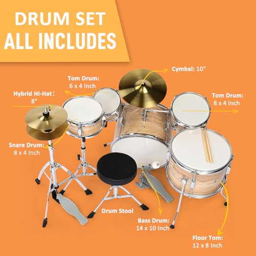 Ktaxon 5-Piece Complete Junior Drums Set, 14 Inch Beginners Drum Kit with Throne Stool, Pedal & Drumsticks, Kids Drums Musical Instruments W/Cymbal