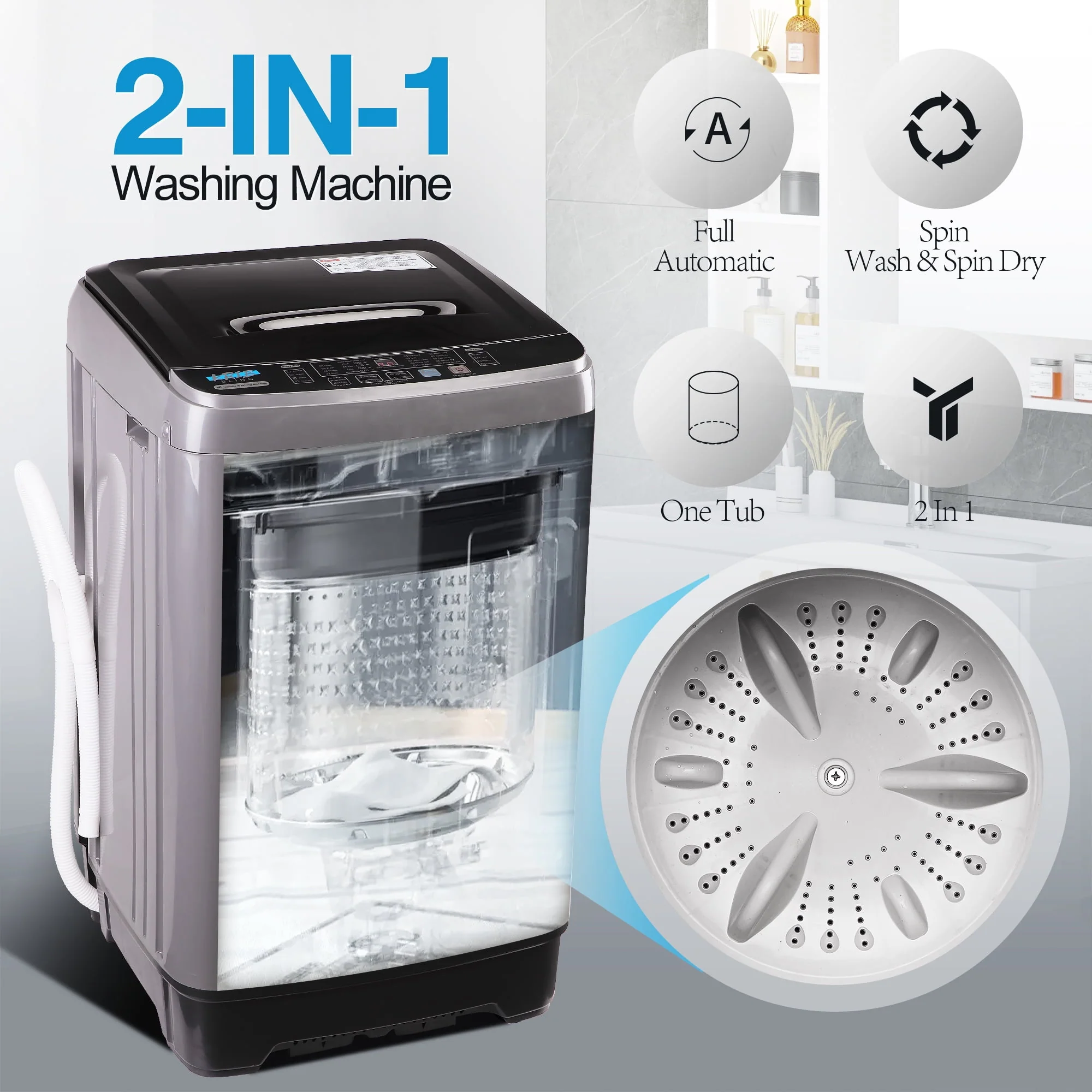 KRIB BLING Portable Washing Machine, 17.7 lbs Large Capacity Full Automatic Washing Machine, Compact Laundry Washer for Home Apartment, Coffee Gold
