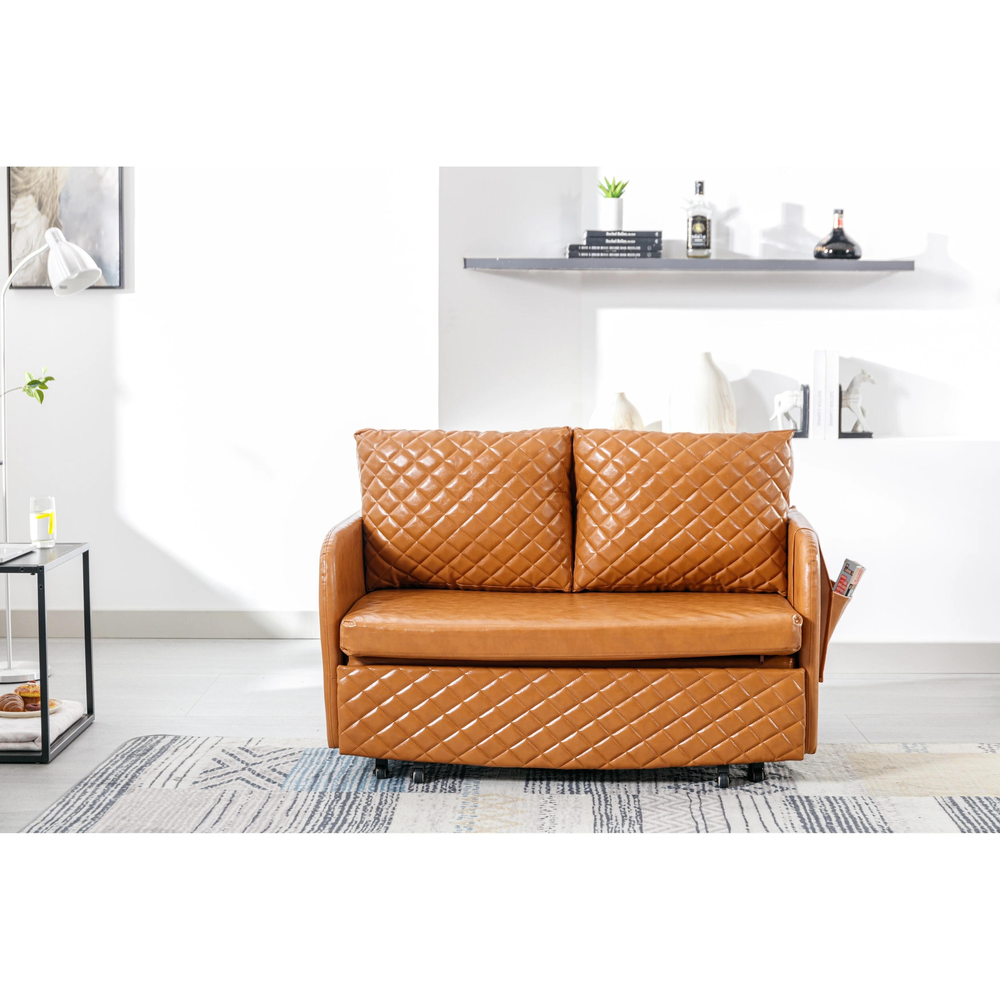 47.64" Modern Convertible Sleeper Loveseat Sofa Bed with Headboard, Pull-Out Function, 2 Pillows, and Side Pockets