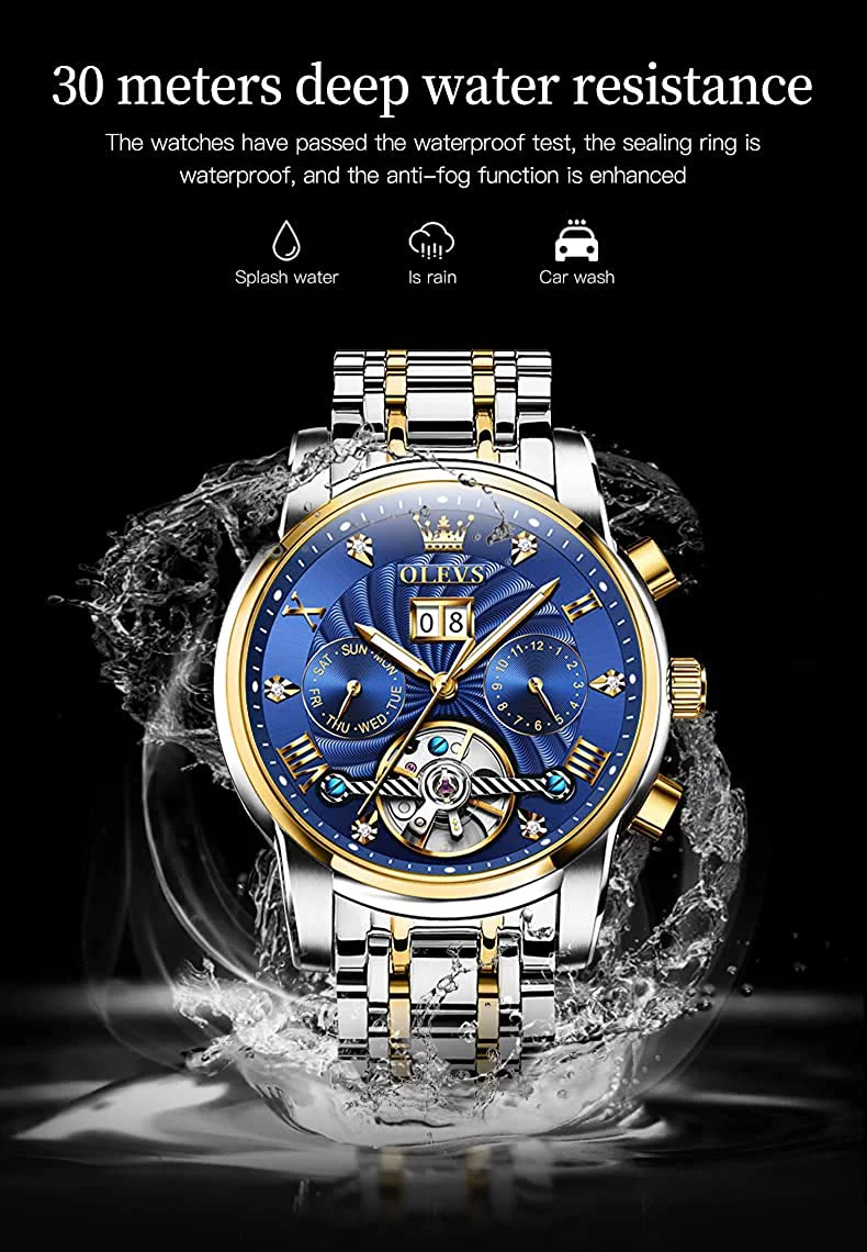OLEVS Watch for Men Automatic Skeleton Tourbillon Mechanical Self Winding Business Luxury Dual Calendar Stainless Steel Luminous Waterproof Man Wrist