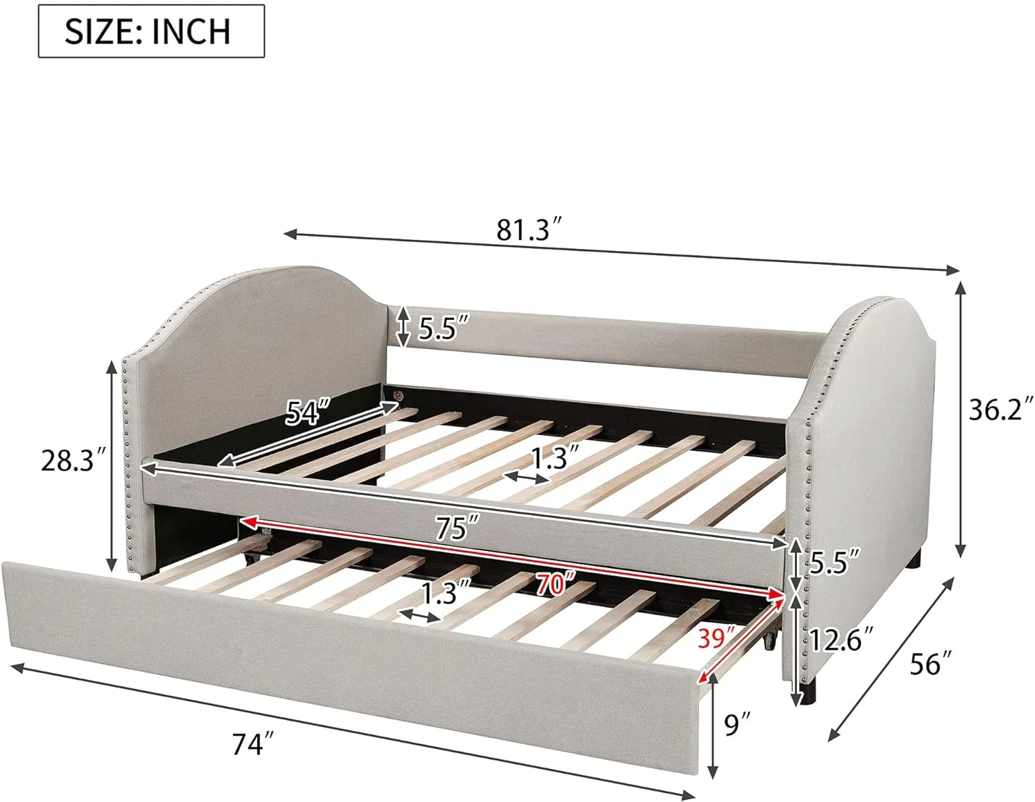 Upholstered  Daybed With Size Trundle, Full Size Sofa Bed With Rivets Décor, Wood Slat Support Daybed For Family, Kids, Teens, No Box Spring Needed