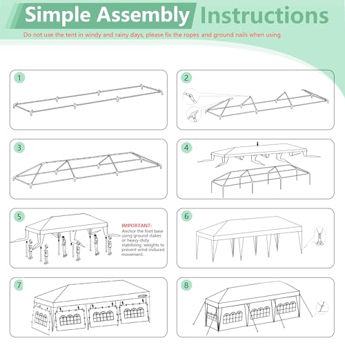 10X30FT Canopy Tent, White Pole Tents for Parties, Wedding, Events and Birthday, Outdoor Party Tent with 5 Removable Sidewalls