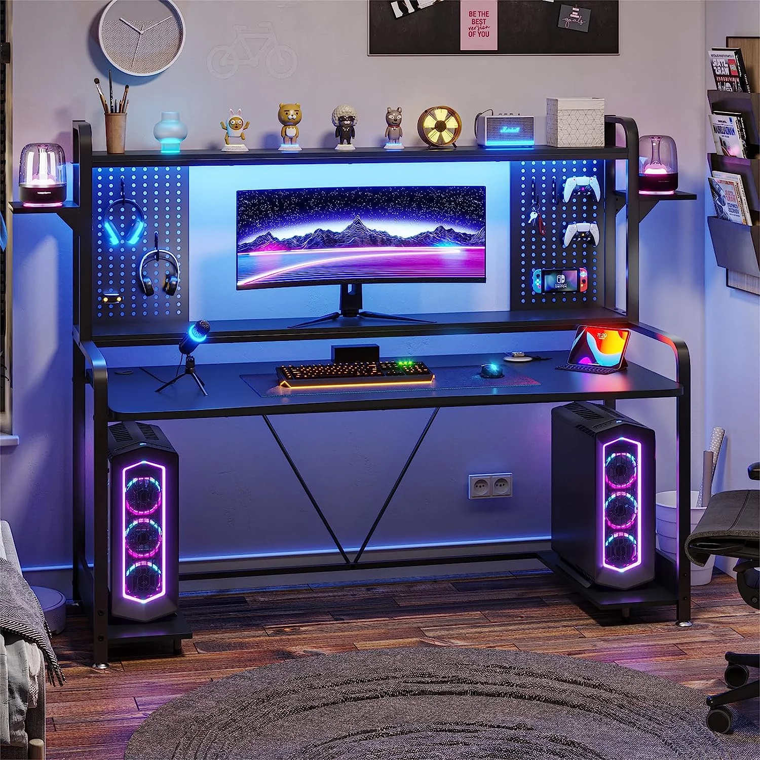 SEDETA Gaming Desk, 55" Computer Desk with Hutch and Shelves, LED Lights, Pegboard and Monitor Shelf, Large PC Gamer Desk Workstation for Home Office
