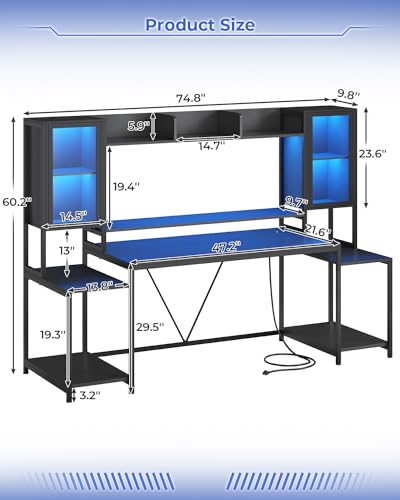 SEDETA Gaming Desk 74.8'' with LED Lights, Hutch and Storage Shelves, Computer Desk with Monitor Stand, Large PC Gamer Desk Workstation