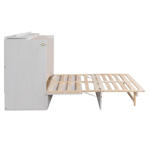 Harper & Bright Designs Queen Size Murphy Wall Bed, Chest Cube Cabinet With USB, Charging Station and Large Storage Drawer for Home Office