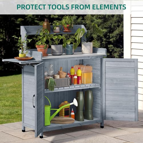 YITAHOME Solid Wood Potting Bench Table with Folding Pallet and Metal Tabletop, Outdoor Storage Cabinet Planting Table Garden Work Bench for Garden