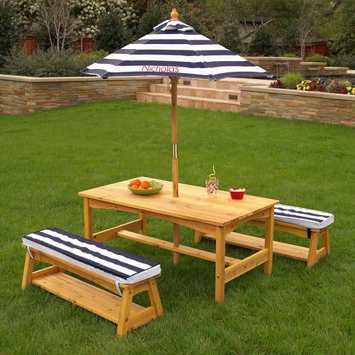 KidKraft Outdoor Wooden Table & Bench Set with Cushions and Umbrella, Kids Backyard Furniture, Navy and White Stripe Fabric