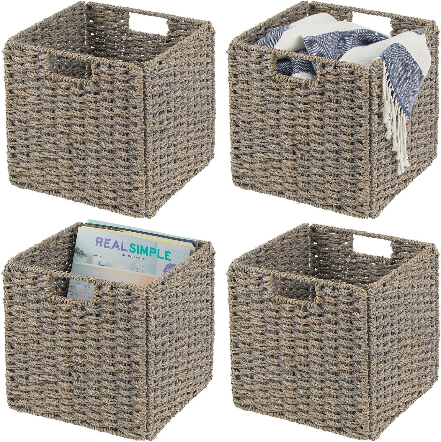 mDesign Seagrass Woven Cube Foldable Storage Bins Basket Organizer with Handle - for Organizing Closet, Laundry, Home Office, Nursery, Kitchen