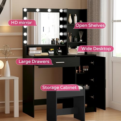 Vanity Desk with Mirror and Light, Large Drawer and Three Level Storage Dresser, 3 Lighting Modes Adjustable Brightness