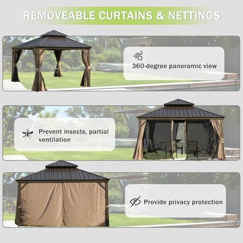 Domi 10’ x 10’ Hardtop Gazebo Metal Frame Canopy with Netting & Curtains
