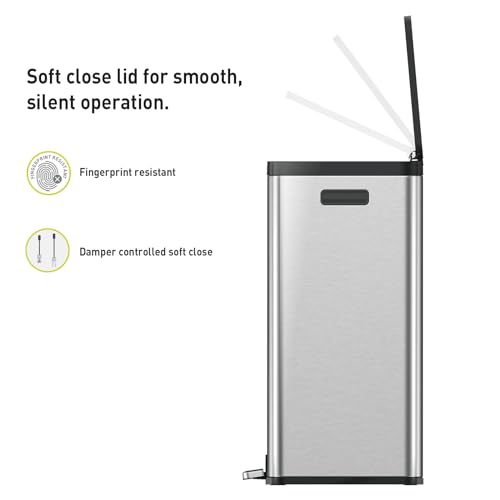 EKO EcoCasa II 36L+24L Dual Trash Can with Recycle Bin, Stainless Steel Garbage Can with Lid, Deodorizer Compartment