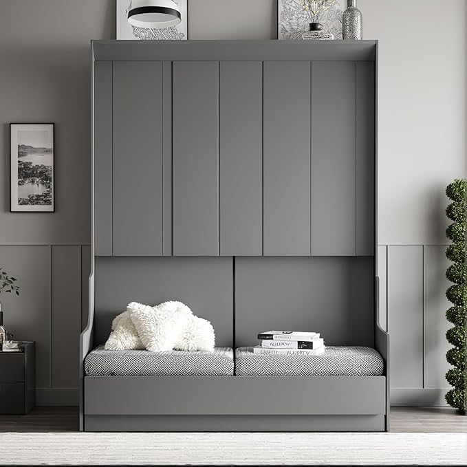 Queen Size Murphy Bed with Desk & Charging Station,Wall Bed Frame Folding into Cabinet Design w/LED & Storage Shelf for Small Space,Bedroom