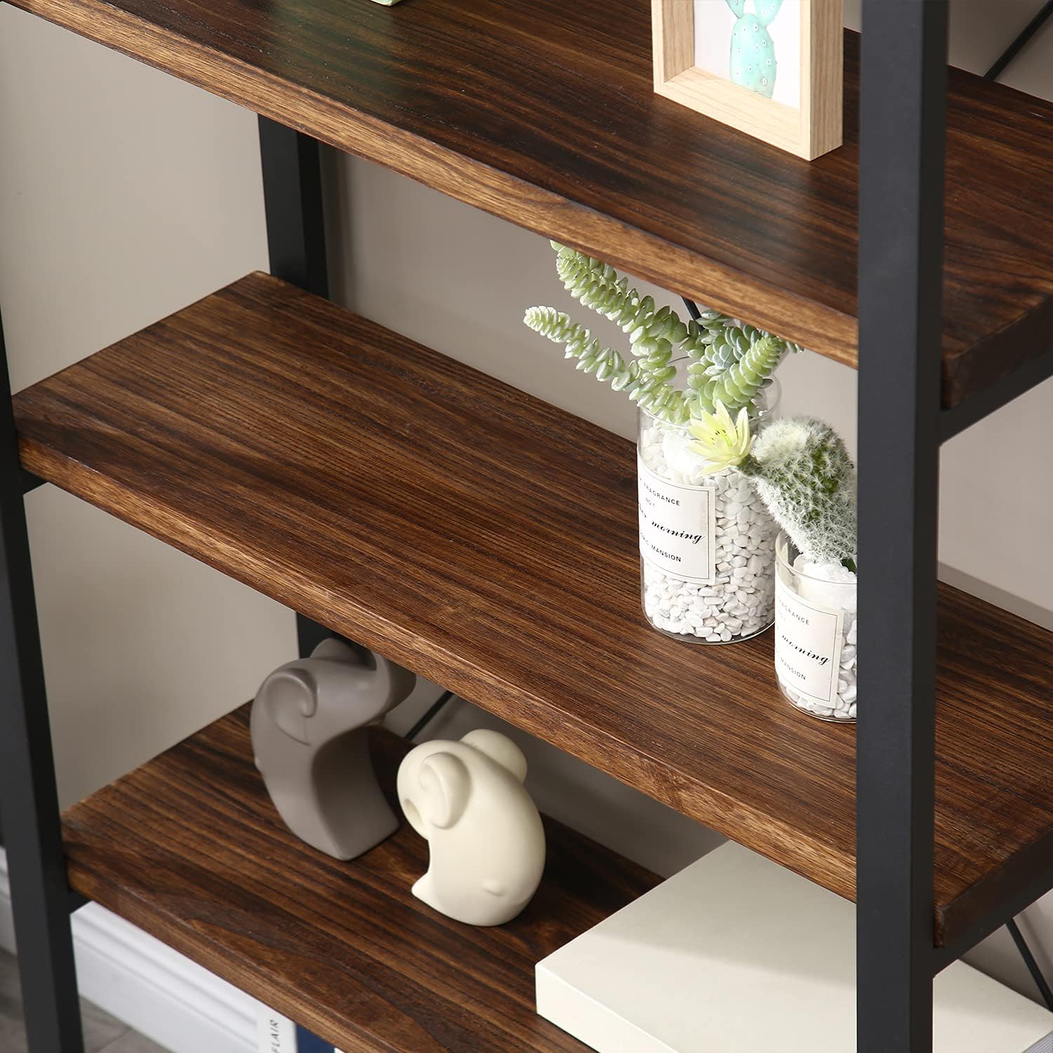 5 Tier Bookcase, Solid Wood Bookshelf Rustic Vintage Industrial Etagere Bookcase, Metal and Wood Free Vintage Bookshelf