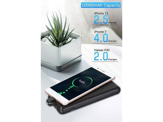 10000mAh Portable Phone Charger,Power Bank Built-in Cable High Capacity 5V 2.1A Quick Charge Compact USB Type C Port External Ba