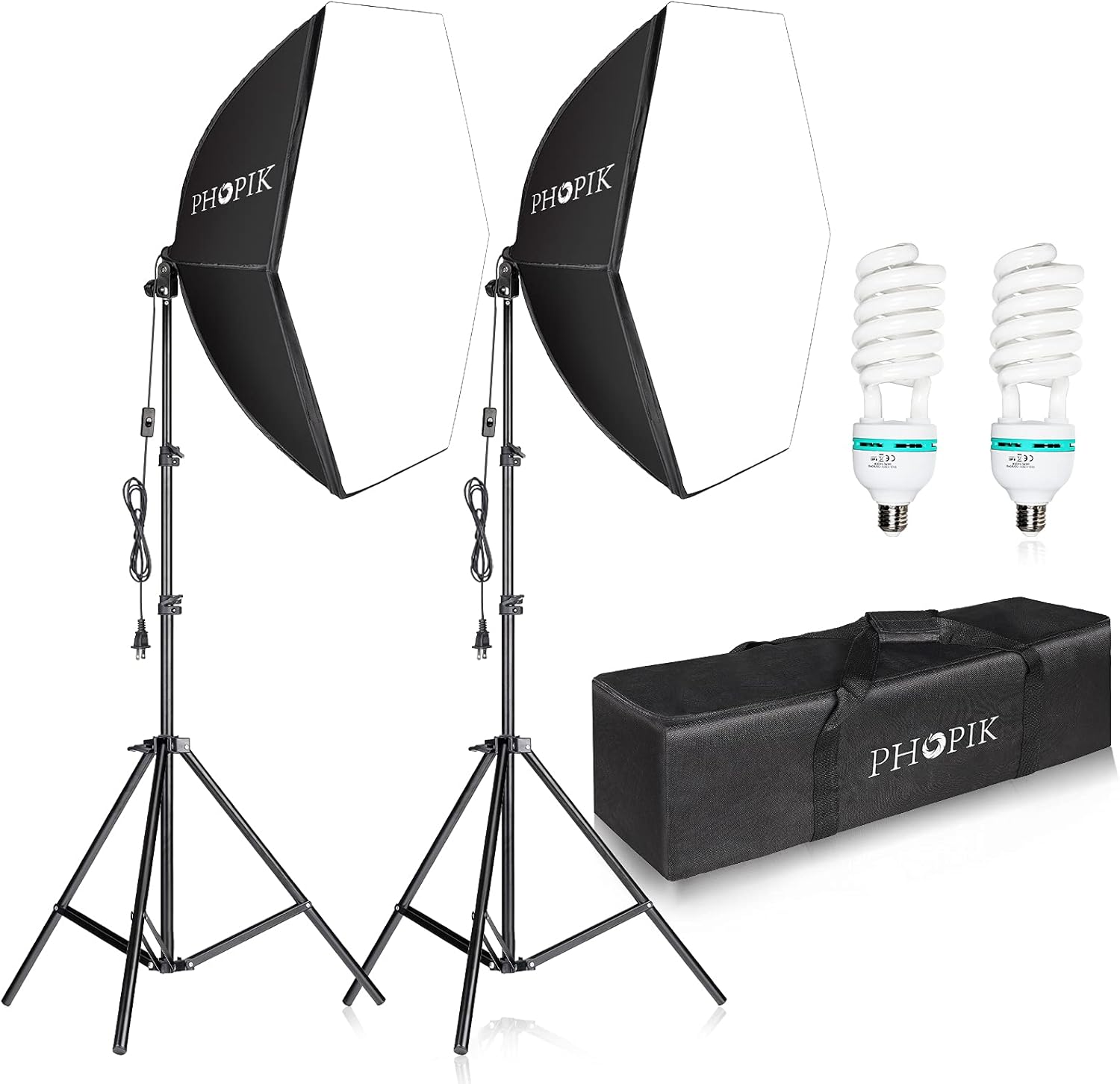 PHOPIK Softbox Photography Lighting Kit: Photo Studio Equipment 30 x 30 inches with E27 85W 5400K Light Bulb and Adjustable Height Light Stand for