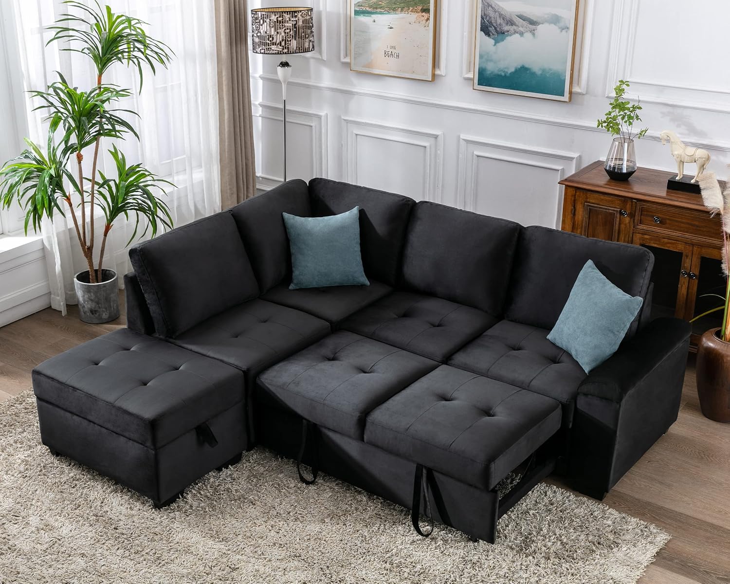 XD Designs Modern Reversible Sleeper Sectional Sofa, L-Shape Corner Couch, Pull Out Sofa-Bed Couch with Storage Ottoman and Hidden Arm Storage