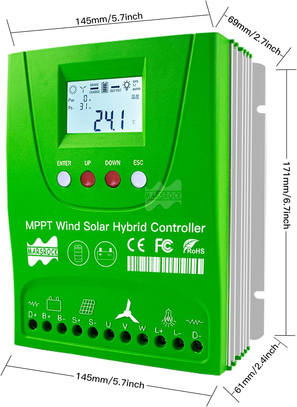 Marsrock Lithium Lead-Acid Gel Battery Wind Solar Hybrid Charge Controller Wind MPPT Boost with Dump Load and 50cm Cable Design for Wind Solar Hybrid