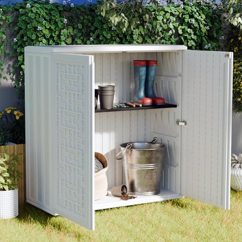 Outdoor Storage Cabinet Waterproof with Shelf,Resin Storage Sheds Outdoor Cabinets for tub towels/chemicals/grill items/Patio/Garden/Backyard