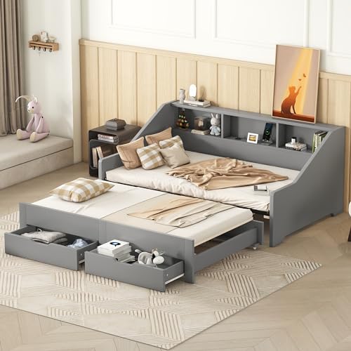 Merax Twin to King Daybed with Storage Bookcases and Two Drawers, Wood Bed Frame with Trundle and USB Charging Design for Bedroom, Guest Room
