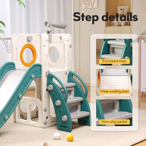6 in 1 Toddler Playset with Slide, Kids Slide with Basketball Hoop, Ball, Ring Toss, Indoor Outdoor Toys (White Grey)