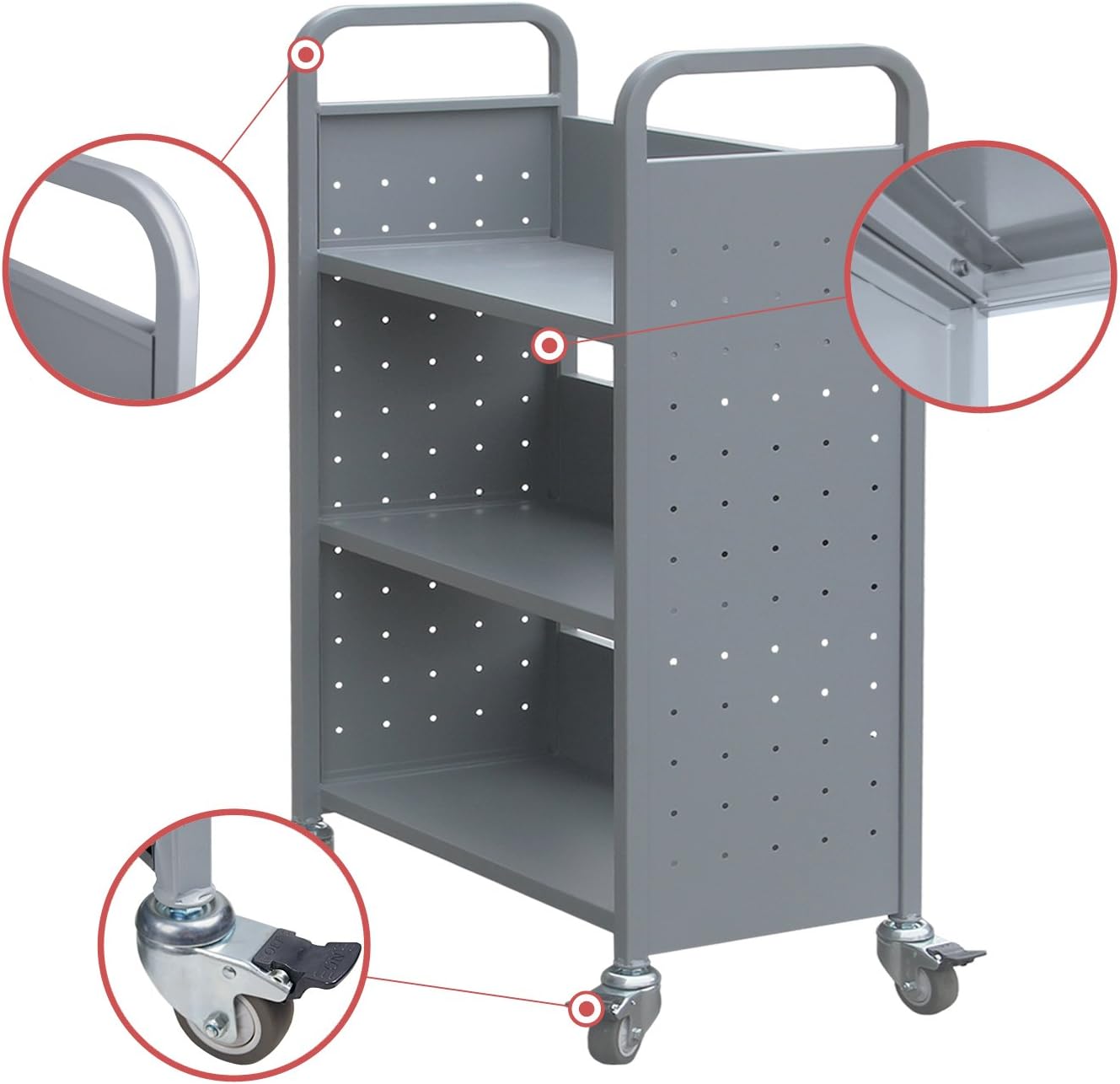Heavy Duty Book Carts with Wheels, 4-Wheel Rolling Library Book Cart