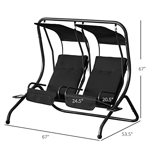 Outsunny Patio Swing Chair with 2 Separate Seats, Outdoor Swing with Removable Canopy and Cup Holders for Porch, Garden, Poolside, Backyard, Gray