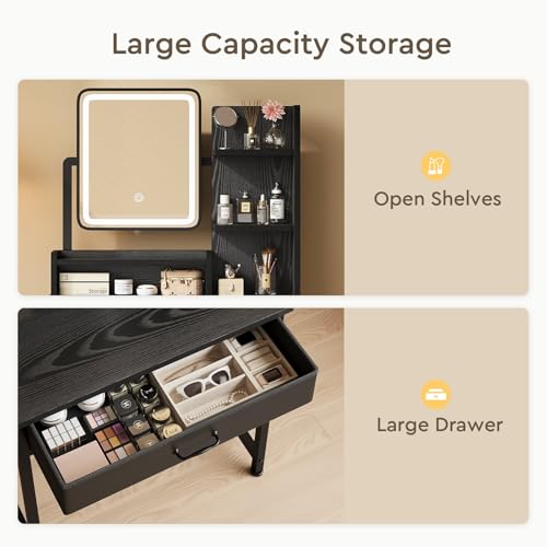 Makeup Vanity Desk with Mirror and Lights, Small Vanity with Fabric Storage Drawer & Chair & Shelves, White Compact Makeup Vanity Set for Bedroom