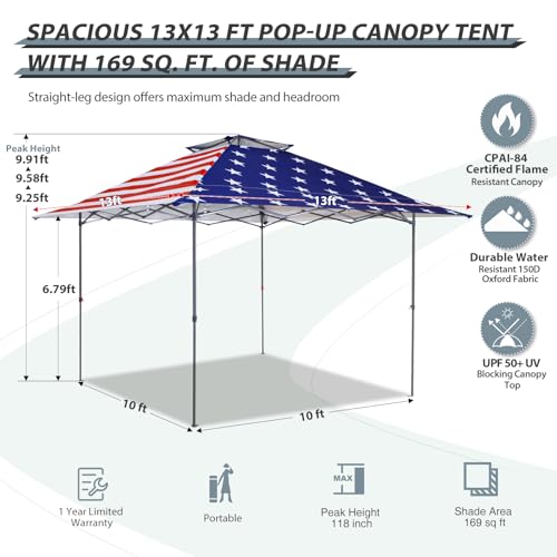 EAGLE PEAK 13x13 Straight Leg Pop Up Canopy Tent Instant Outdoor Canopy Easy Single Person Set up Folding Shelter w/Auto Extending Eaves 169 Square